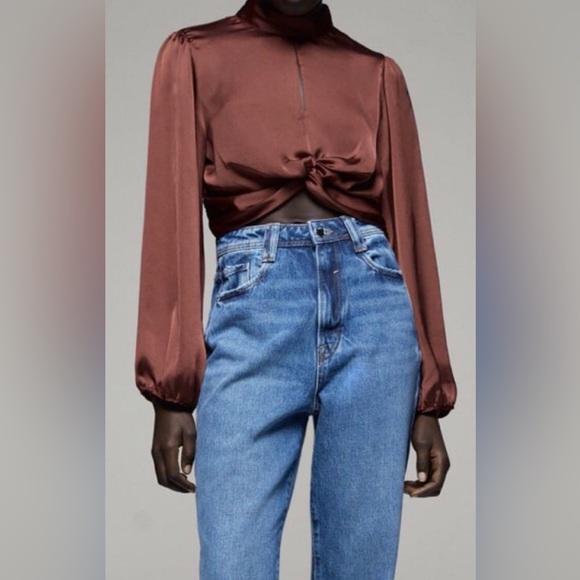 ZARA Burgundy Crop Top Satin Blouse - Picture 2 of 3